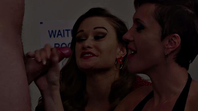 CFNM femdoms suck in group waiting room blowjob