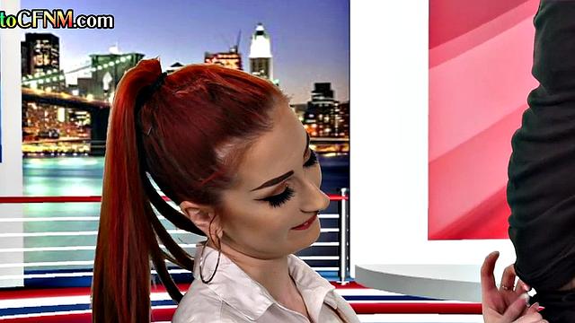 CFNM amateur British tv presenter sucks in live show