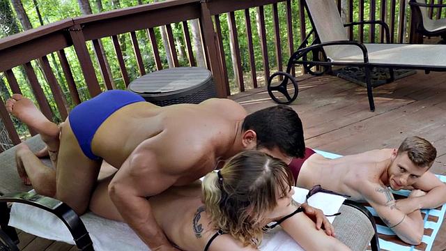 Bisexual tattooed babe licked and fucked outdoors in 3some