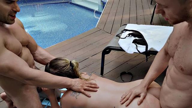 Bisexual tattooed babe licked and fucked outdoors in 3some