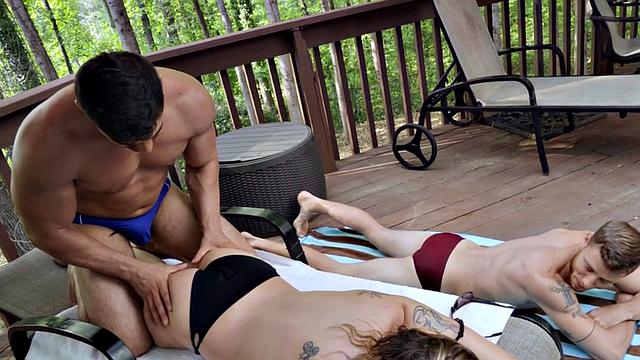 Bisexual tattooed babe licked and fucked outdoors in 3some