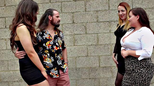 CFNM femdom babes seduce guys cock with group BJ and HJ