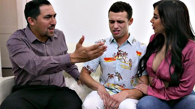 Stepmom with huge tits and a bald pussy gets spitroasted in a taboo MMF threesome