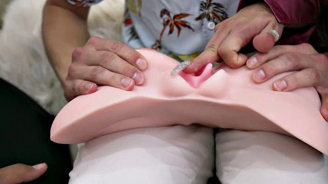 Stepmom with huge tits and a bald pussy gets spitroasted in a taboo MMF threesome