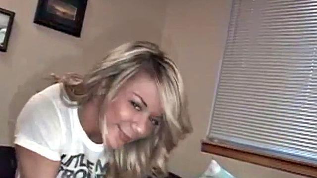 A cute teen tease and pleasure herself with a dildo in her tight t-shirt