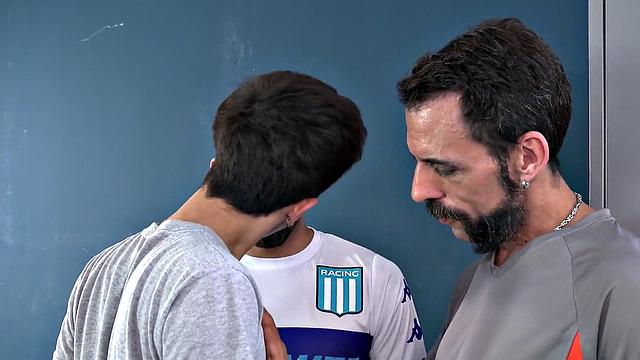 Locker room twink Latino fucked bareback by 3way DILFS