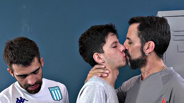 Locker room twink Latino fucked bareback by 3way DILFS