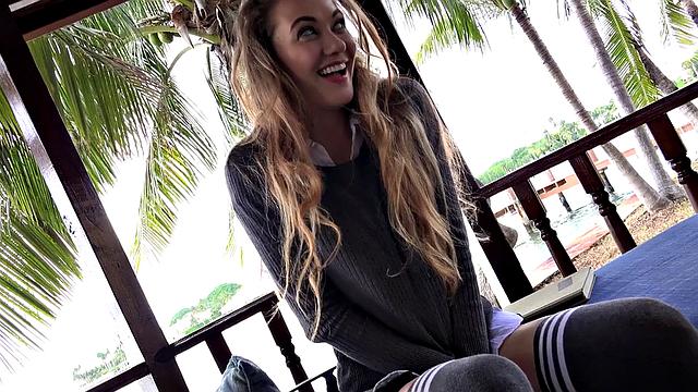 Watch this kinky student with brown hair go wild with ball licking, blowjobs, and doggystyle!