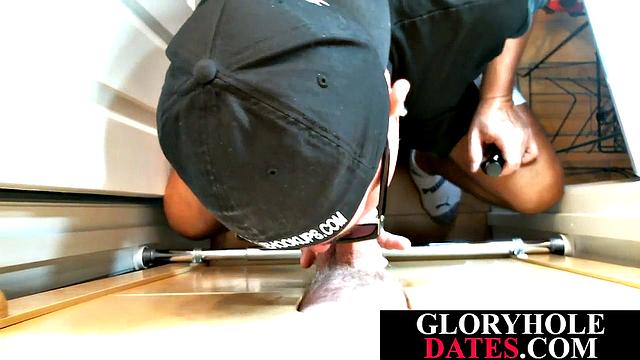 Gray DILF enjoys sucking and tugging gloryhole dick