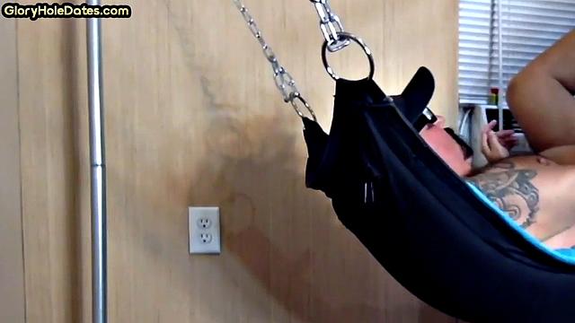 Amateur gaydaddy jerks off at home while laying in a sling