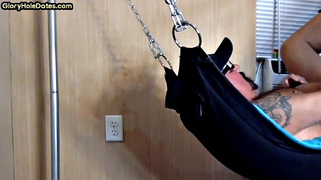 Amateur gaydaddy jerks off at home while laying in a sling
