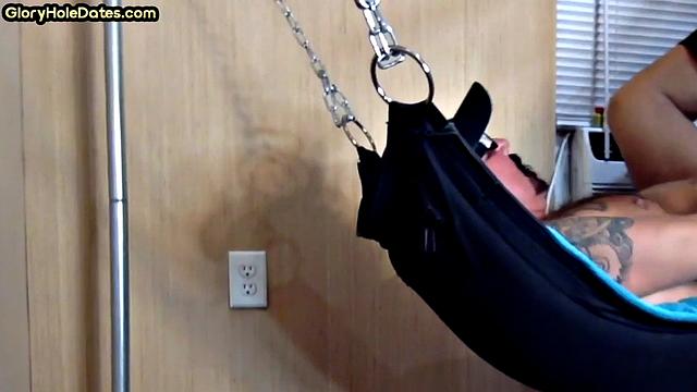 Amateur gaydaddy jerks off at home while laying in a sling