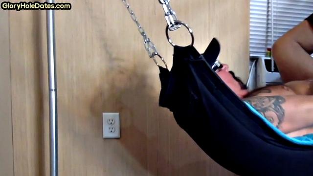 Amateur gaydaddy jerks off at home while laying in a sling