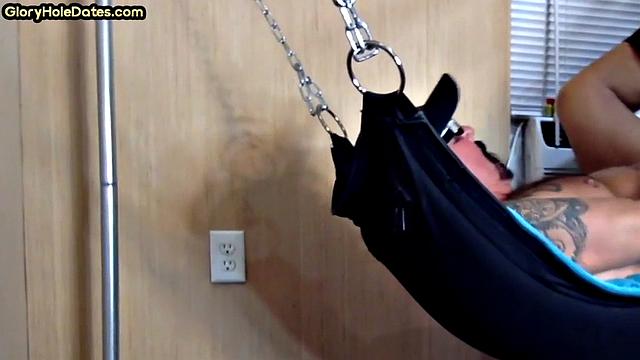Amateur gaydaddy jerks off at home while laying in a sling