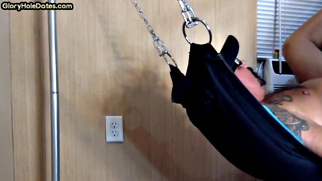 Amateur gaydaddy jerks off at home while laying in a sling