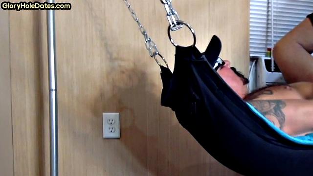 Amateur gaydaddy jerks off at home while laying in a sling