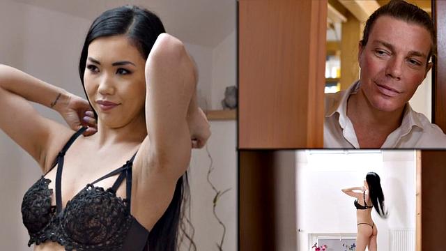 Busty asian girlfriend sensually riding bf dick cowgirl