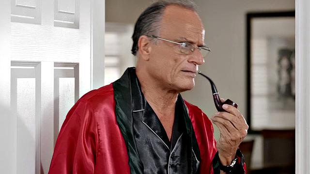 Blonde with high heels and glasses fucks hard in the bedroom while Duel watches in awe