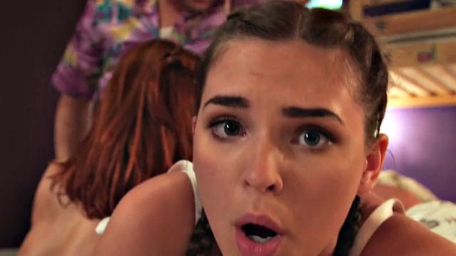 Nasty dirty babes fucked in threeway by big white dick