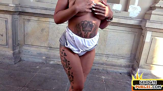 Public inked German MILF fucked outdoor on sex date
