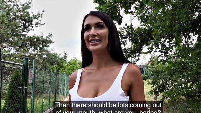 Busty tattooed MILF POV fucked outdoors for money after casting