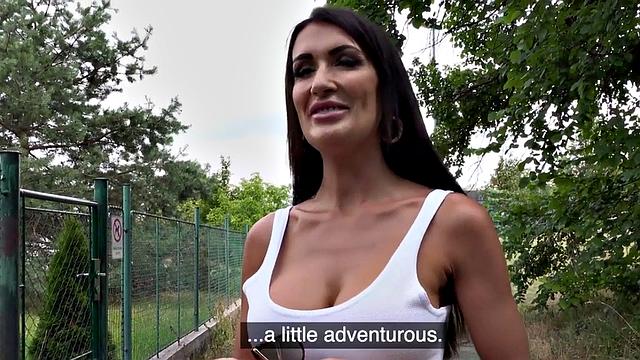 Busty tattooed MILF POV fucked outdoors for money after casting