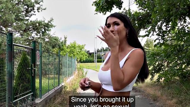 Busty tattooed MILF POV fucked outdoors for money after casting