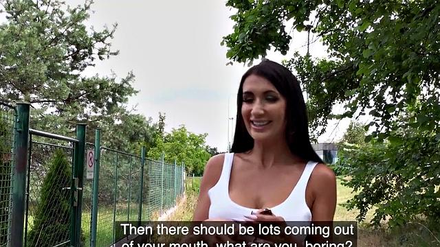 Busty tattooed MILF POV fucked outdoors for money after casting