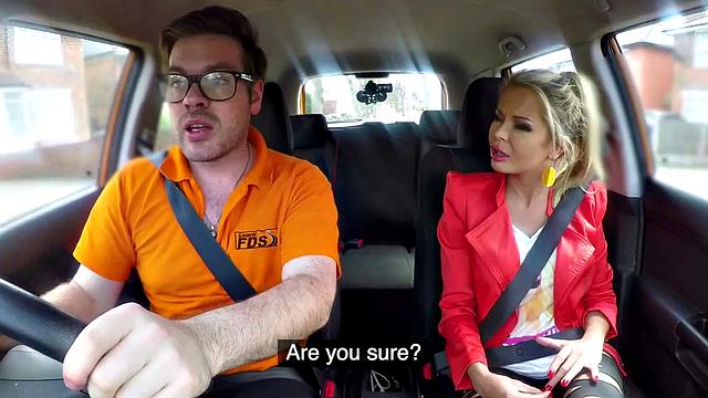 Busty euro rides instructor on backseat