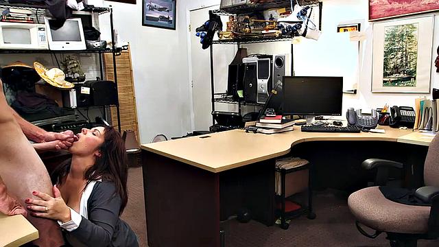 Pawnshop beauty fucked by big white dick in pussy