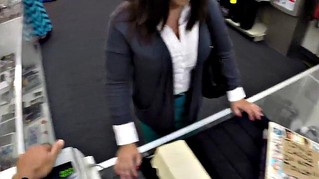 Pawnshop beauty fucked by big white dick in pussy