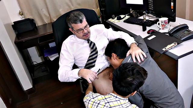 Asian twinks barebacked in office by business DILF