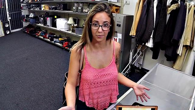 Pawn shop owner gets deepthroat by big-titted slut