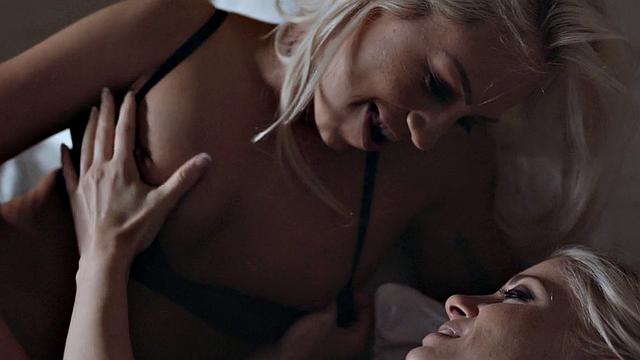 Strapon babe lesbians enjoy passionate sex on the bed