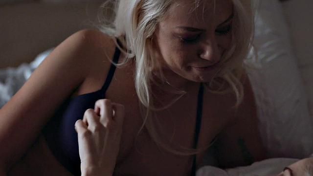 Strapon babe lesbians enjoy passionate sex on the bed