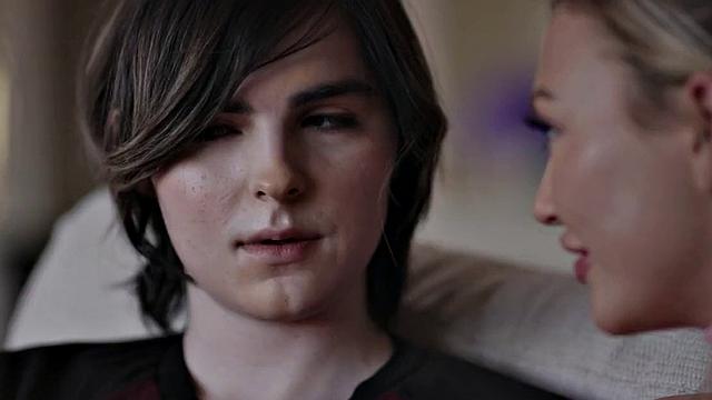 Shemale smallboobs babe licks and fucks GFs pussy on couch