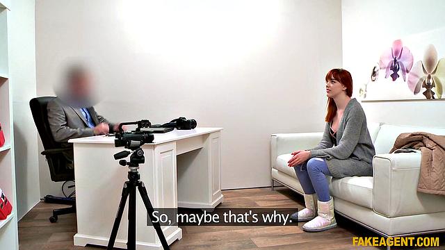 A hot Redhead get off on fucking in the office while wearing a bodysuit and jeans!