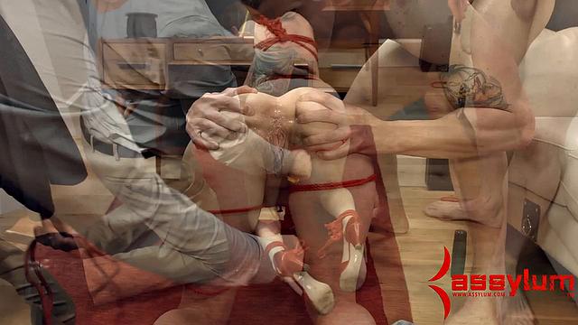 Pretty redhead bound and led for anal sex