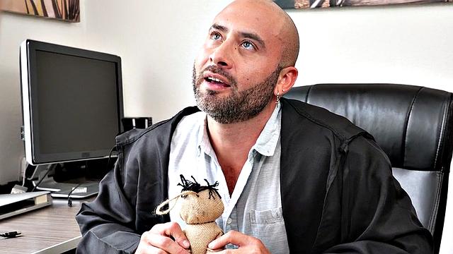 Mesmerized stud in uniform rimmed in office by daddy