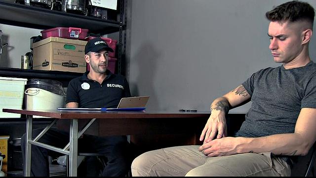 Naughty Zac bends over for Jace the security guard and pays for his sticky mistake