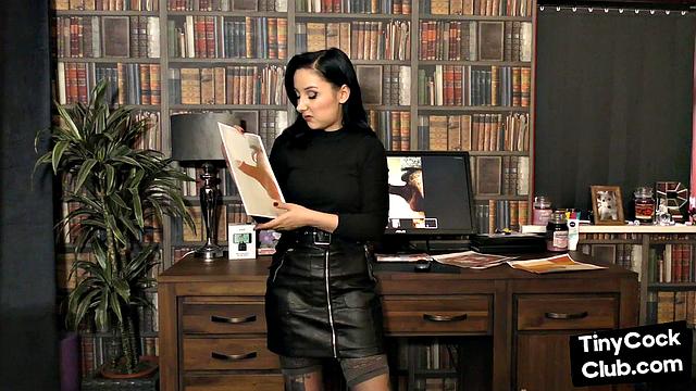 SPH solo babe in leather skirt talks dirty about small dicks