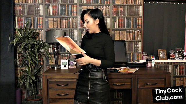 SPH solo babe in leather skirt talks dirty about small dicks