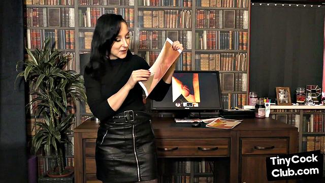 SPH solo babe in leather skirt talks dirty about small dicks