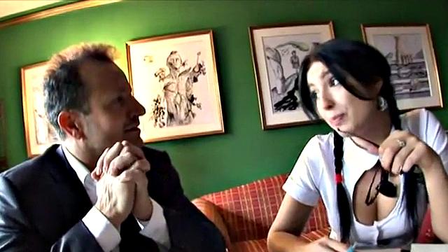 Schoolgirl drilled by oldie in her cute uniform