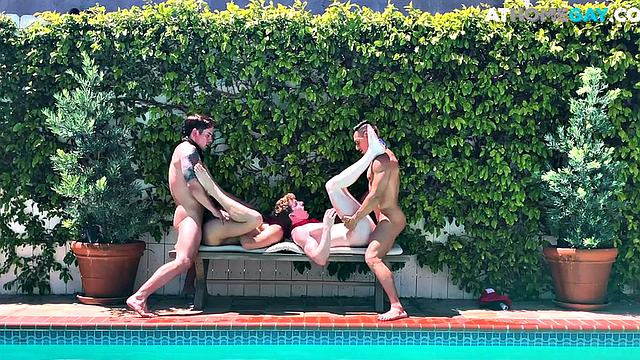 Home studs enjoy bareback outdoor orgy by the swimming pool
