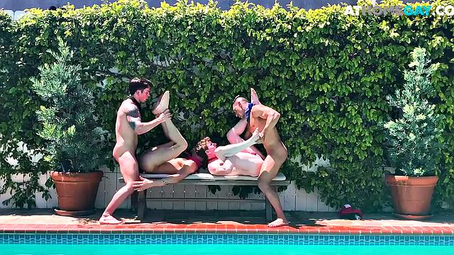 Home studs enjoy bareback outdoor orgy by the swimming pool