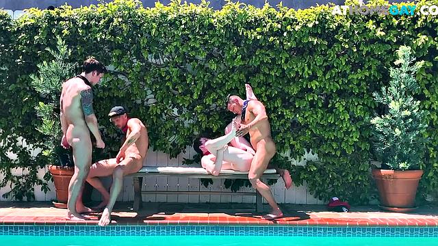 Home studs enjoy bareback outdoor orgy by the swimming pool