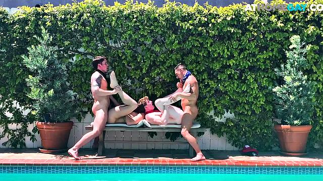 Home studs enjoy bareback outdoor orgy by the swimming pool