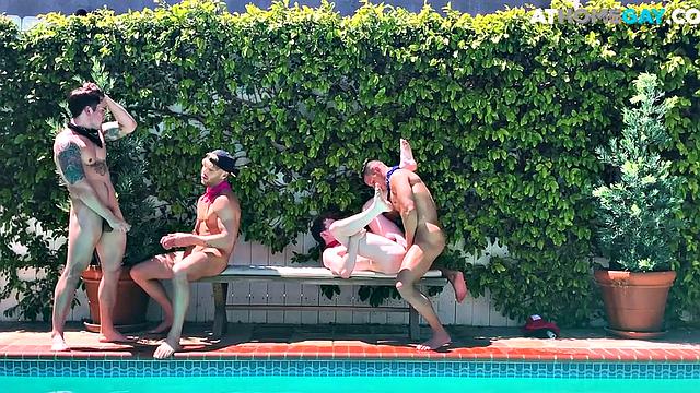 Home studs enjoy bareback outdoor orgy by the swimming pool