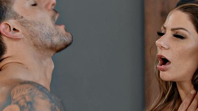 Busty bisex inked slut 3some cuntfucked while throating